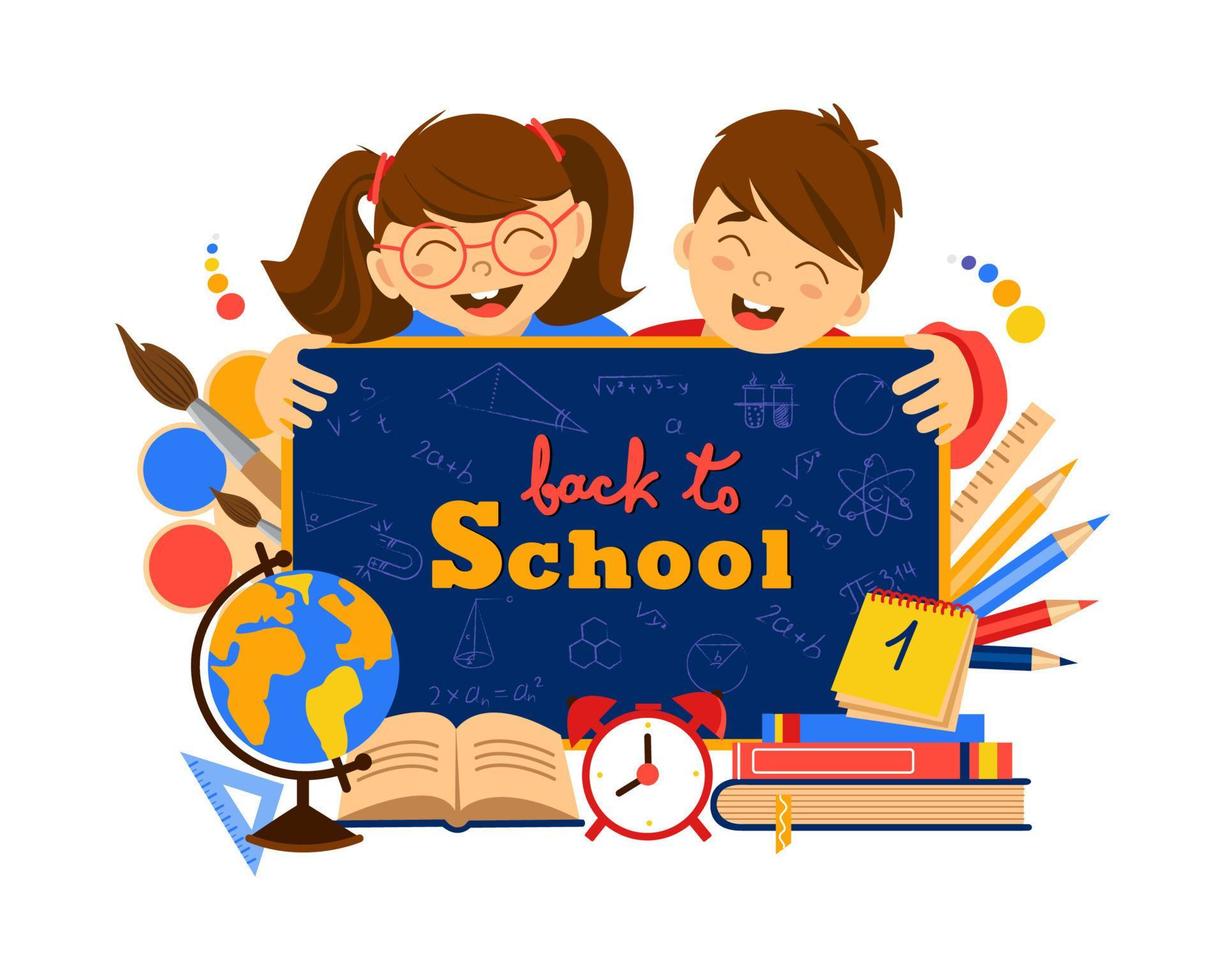 Back to school poster, banner design template. Vector illustration of children, school board, globe, calendar, paints and brushes, textbooks, colored pencils, alarm clock.