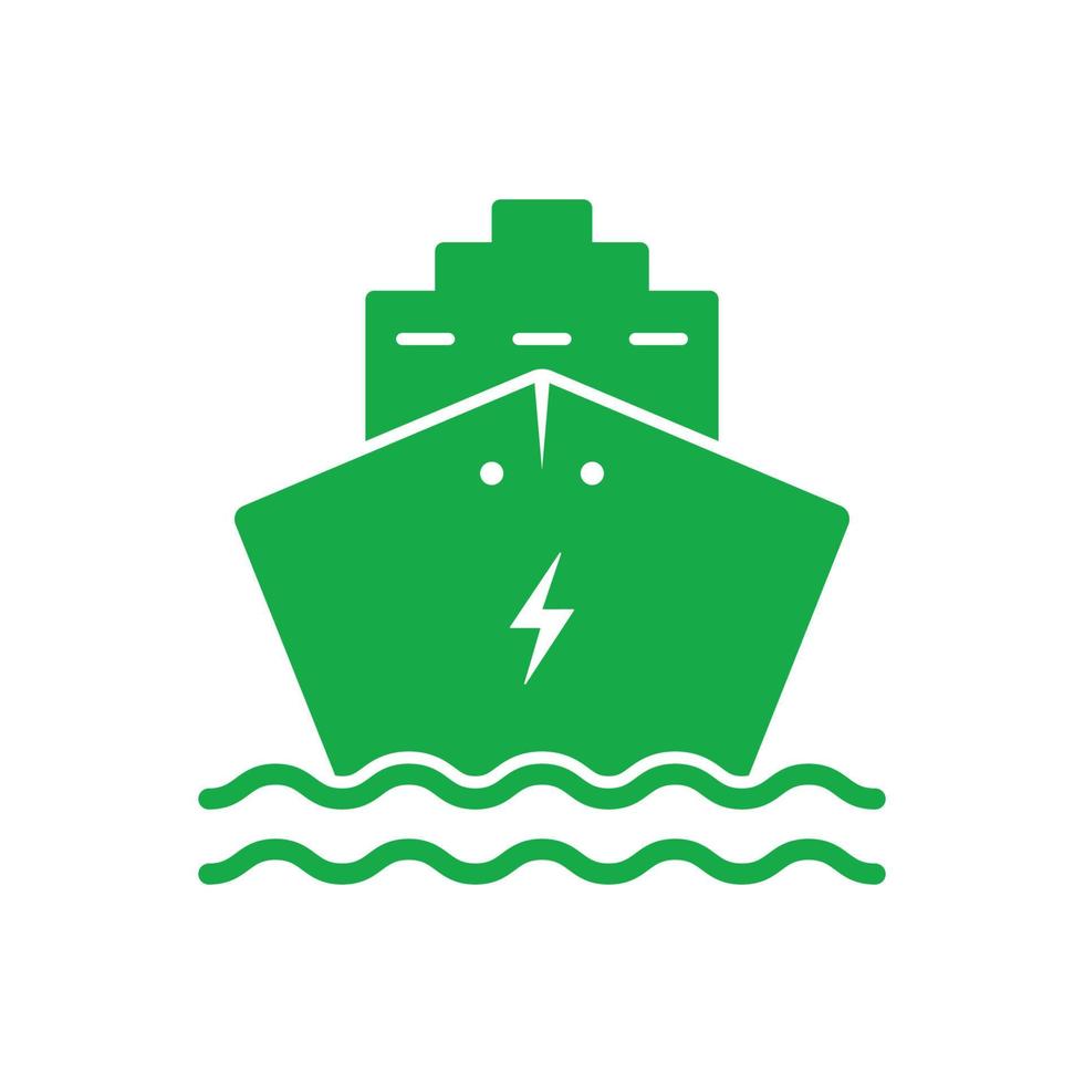 electro barco silueta icono verde. pictograma de barco de carga eléctrica. icono de transporte ecológico alternativo del buque. signo marino ecológico para carga, viajes de pasajeros. ilustración vectorial aislada. vector