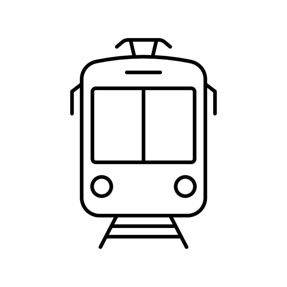 Black Tram Line Icon. Streetcar in Front View Linear Pictogram. Stop Station for City Electric Public Transport Outline Sign. Vintage Tramway Symbol. Editable Stroke. Isolated Vector Illustration.