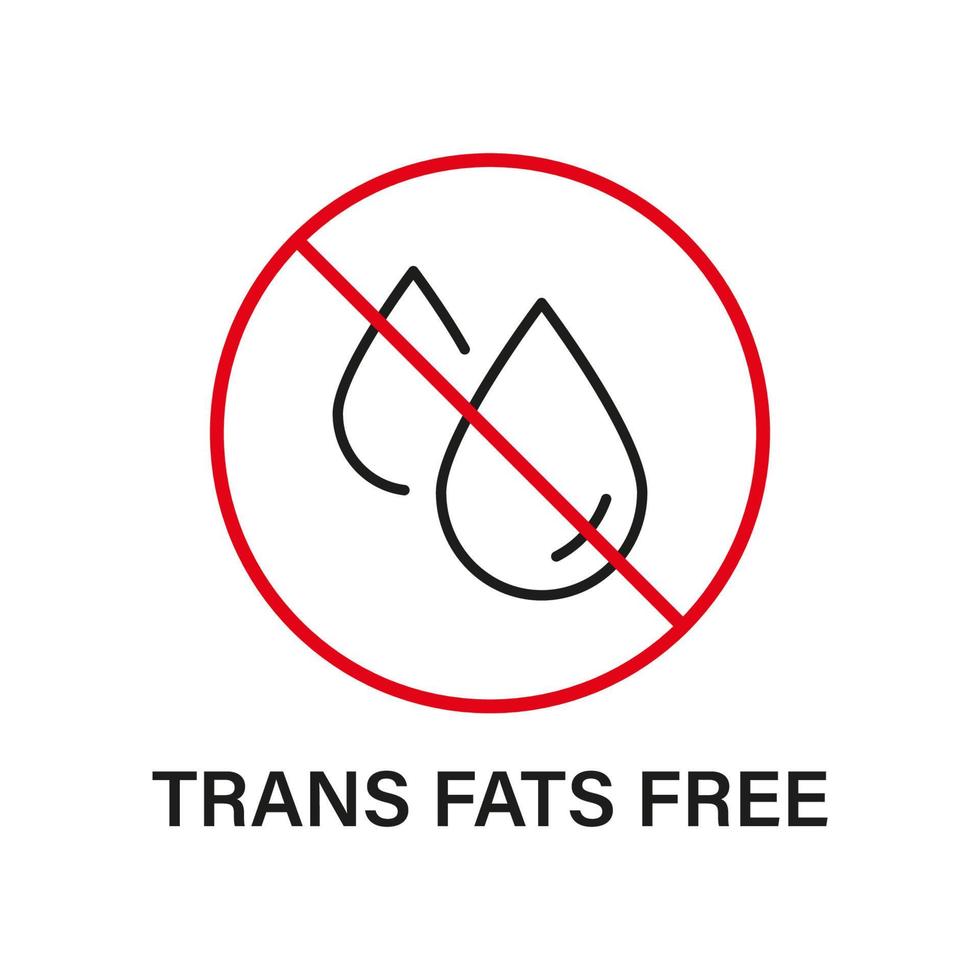 señal de contorno de parada roja de grasas trans. icono de línea de grasas trans gratis. prohibir las grasas trans en los productos alimenticios. sin colesterol 0 etiqueta de grasas trans. símbolo prohibido de aceite transfat. trazo editable. ilustración vectorial aislada. vector