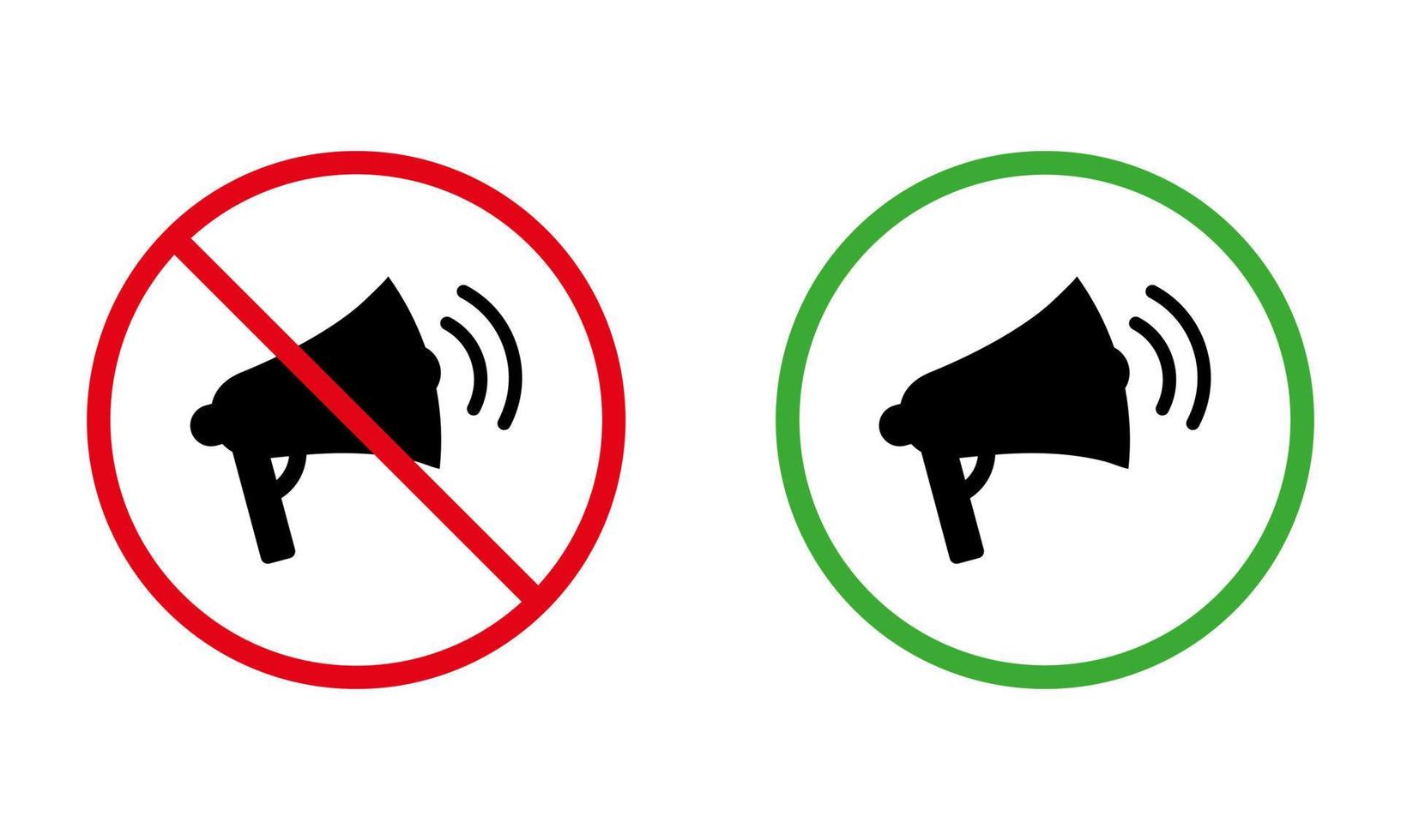 Loudspeaker Black Silhouette Icon Set. Ban Loud Speaker Zone Public Place Red Forbidden Round Sign. Bullhorn Sound Allowed Area Green Symbol. Warning No Loud Megaphone. Isolated Vector Illustration.