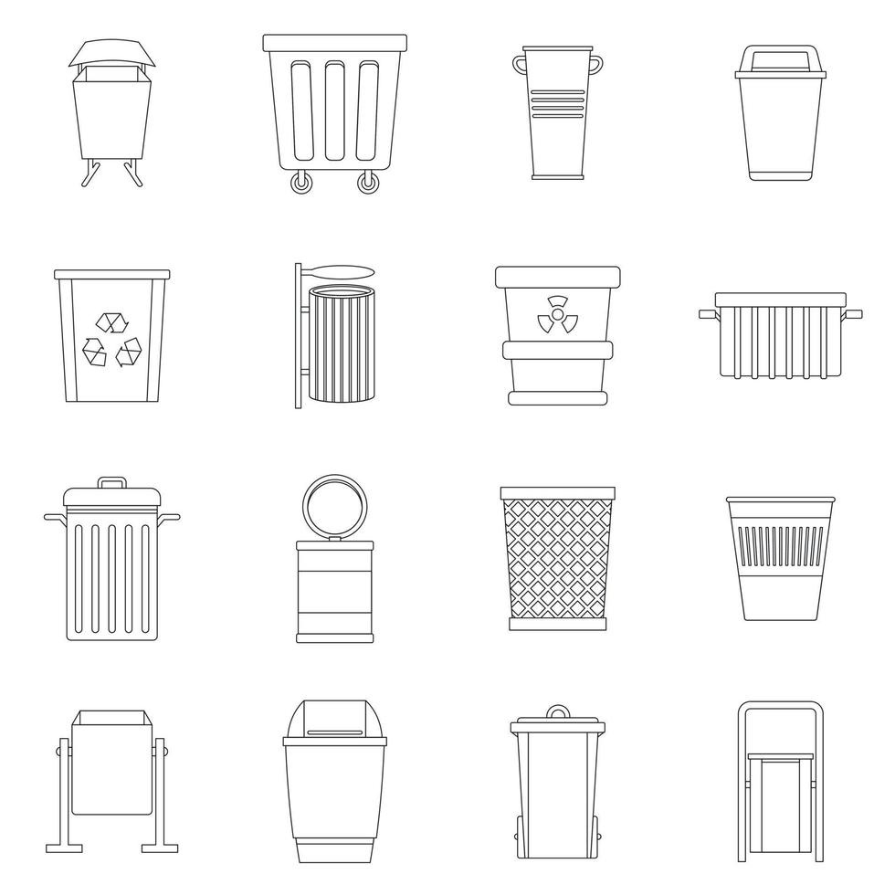 Garbage container icons set, outline style vector