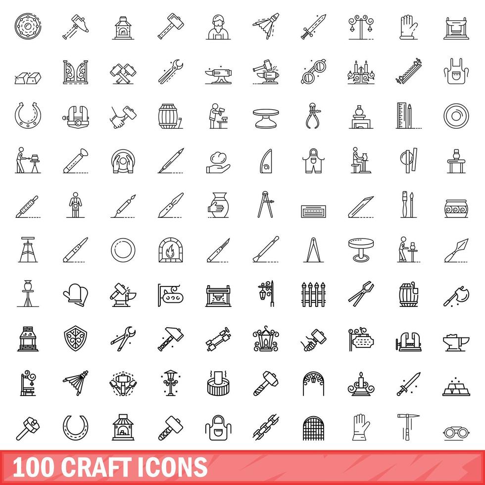 100 craft icons set, outline style vector