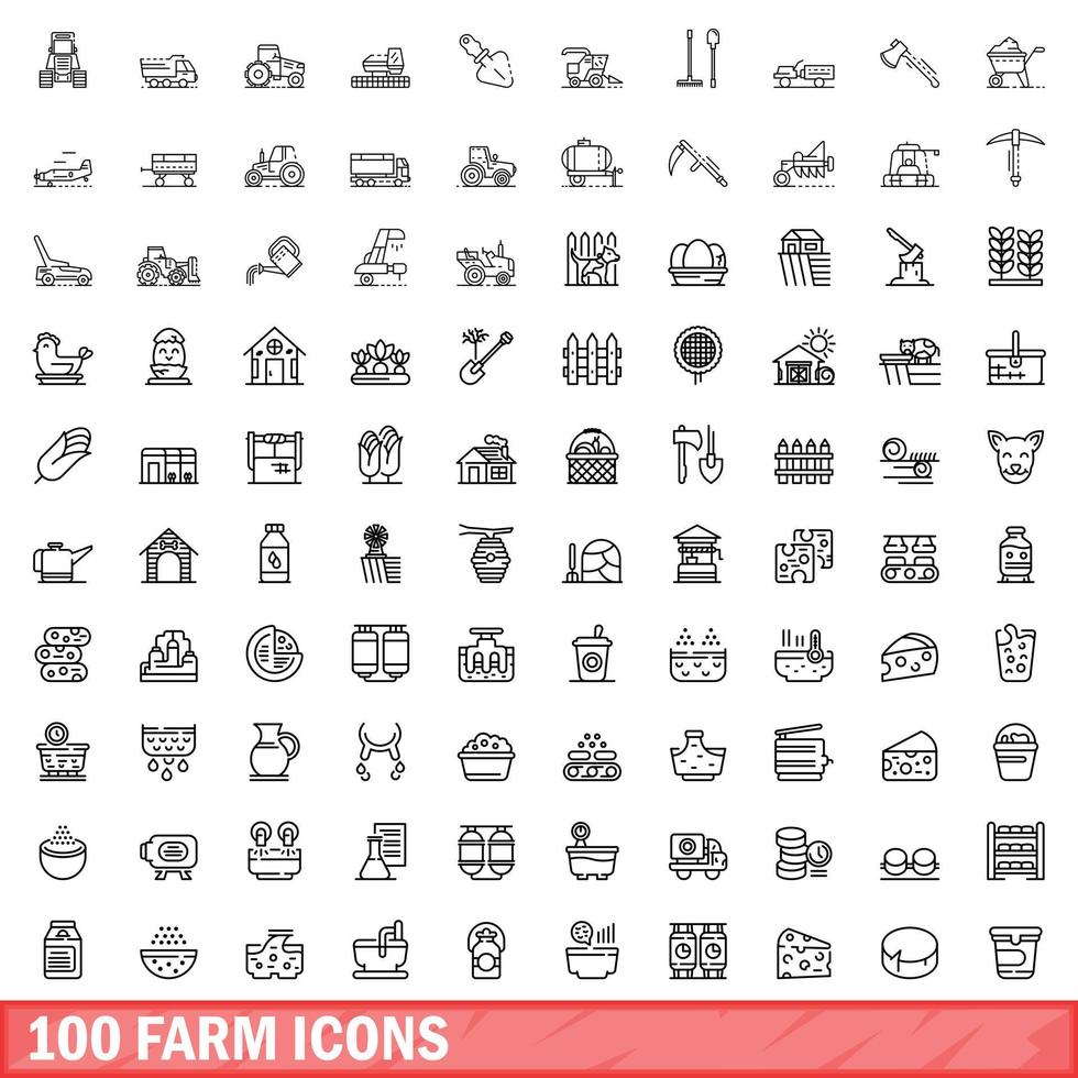 100 farm icons set, outline style vector