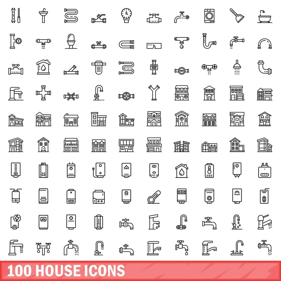 100 house icons set, outline style vector