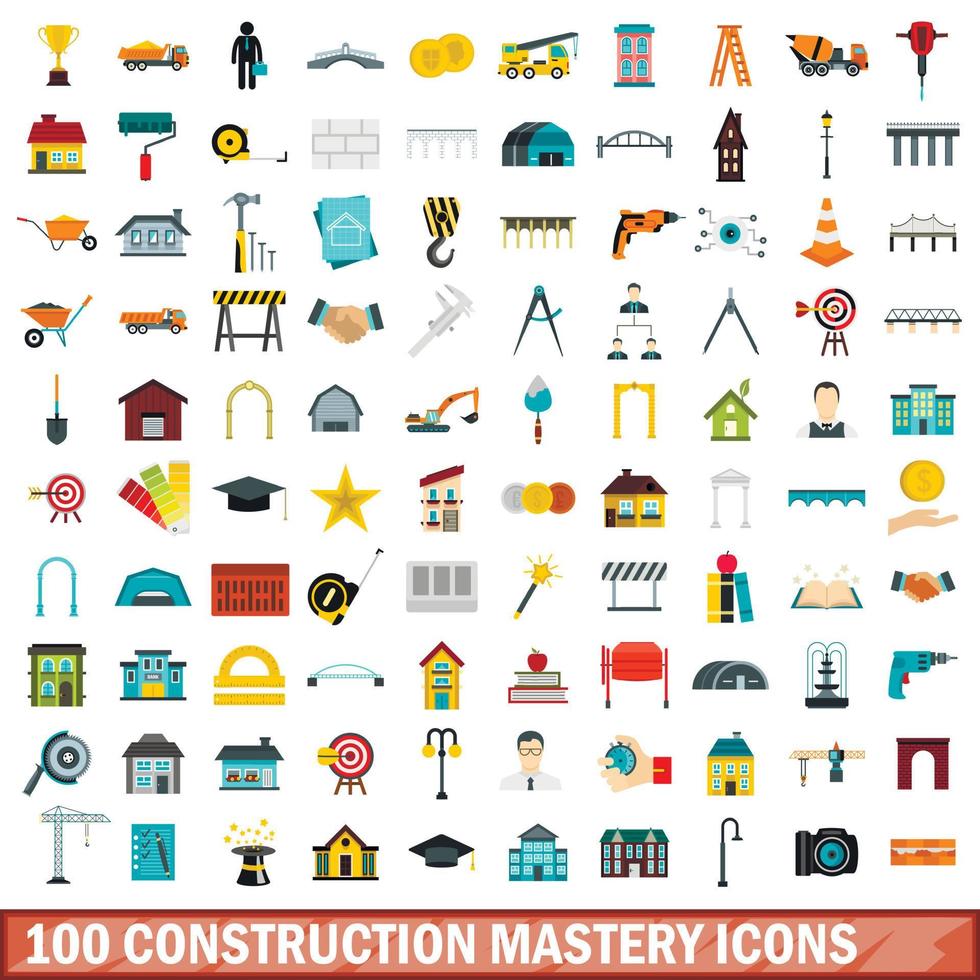 100 construction mastery icons set, flat style vector