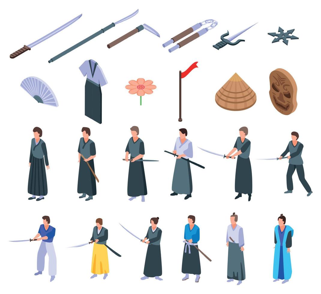Samurai icons set, isometric style vector