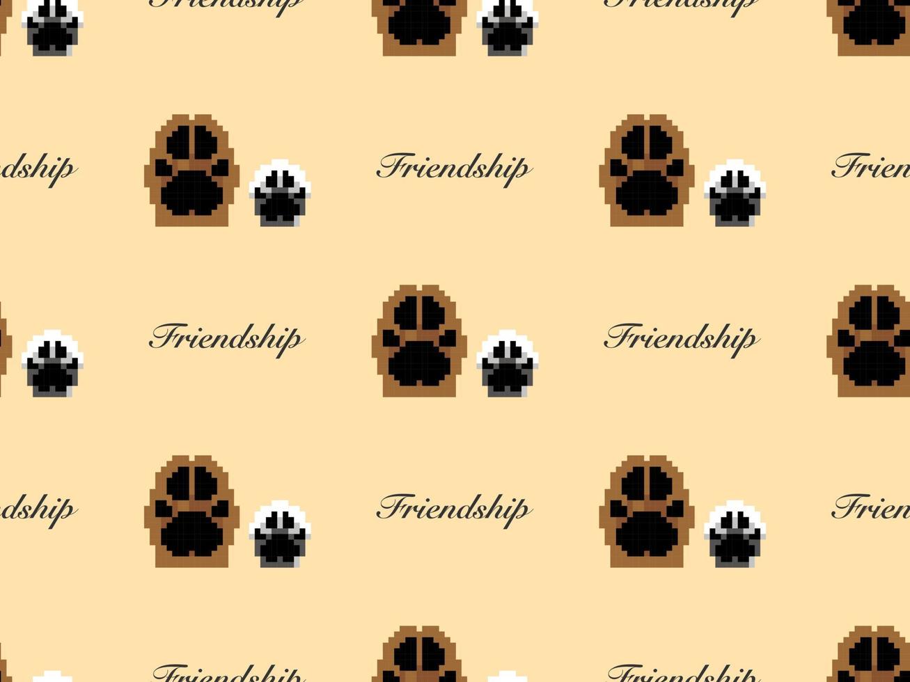 Friendship cartoon character seamless pattern on yellow background. Pixel style vector