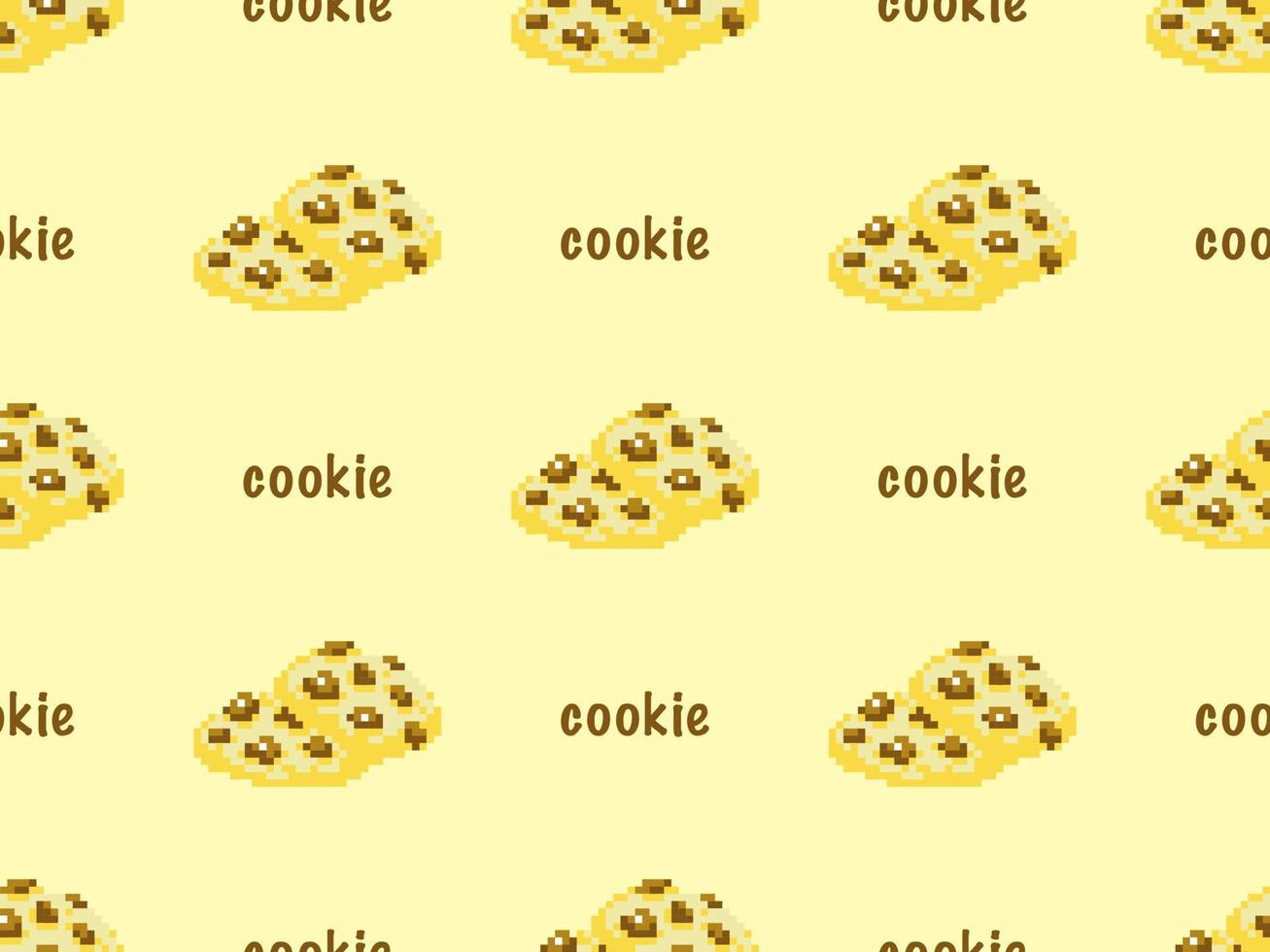 Cookie cartoon character seamless pattern on yellow background. Pixel style vector