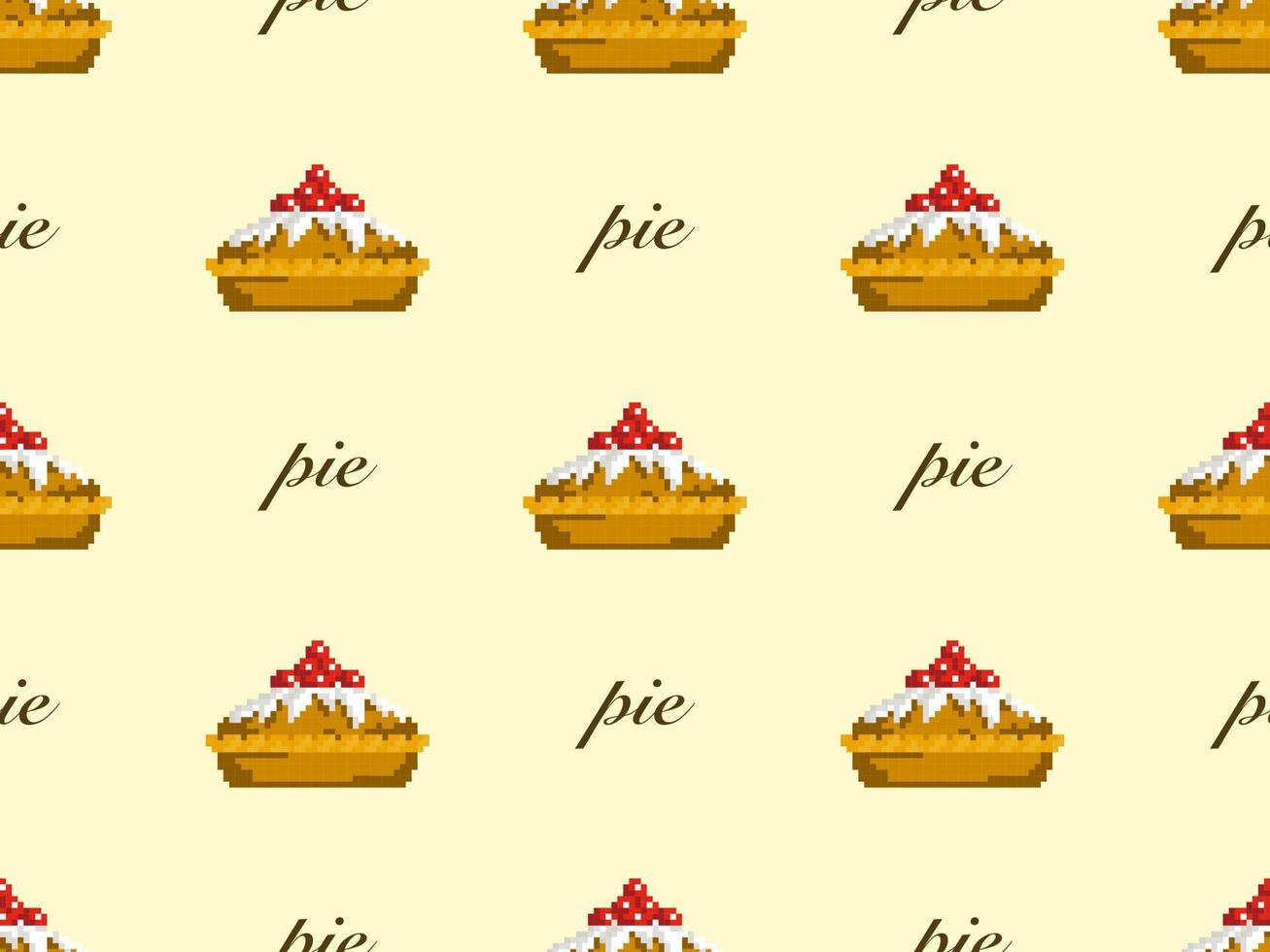 Pie cartoon character seamless pattern on yellow background. Pixel style vector