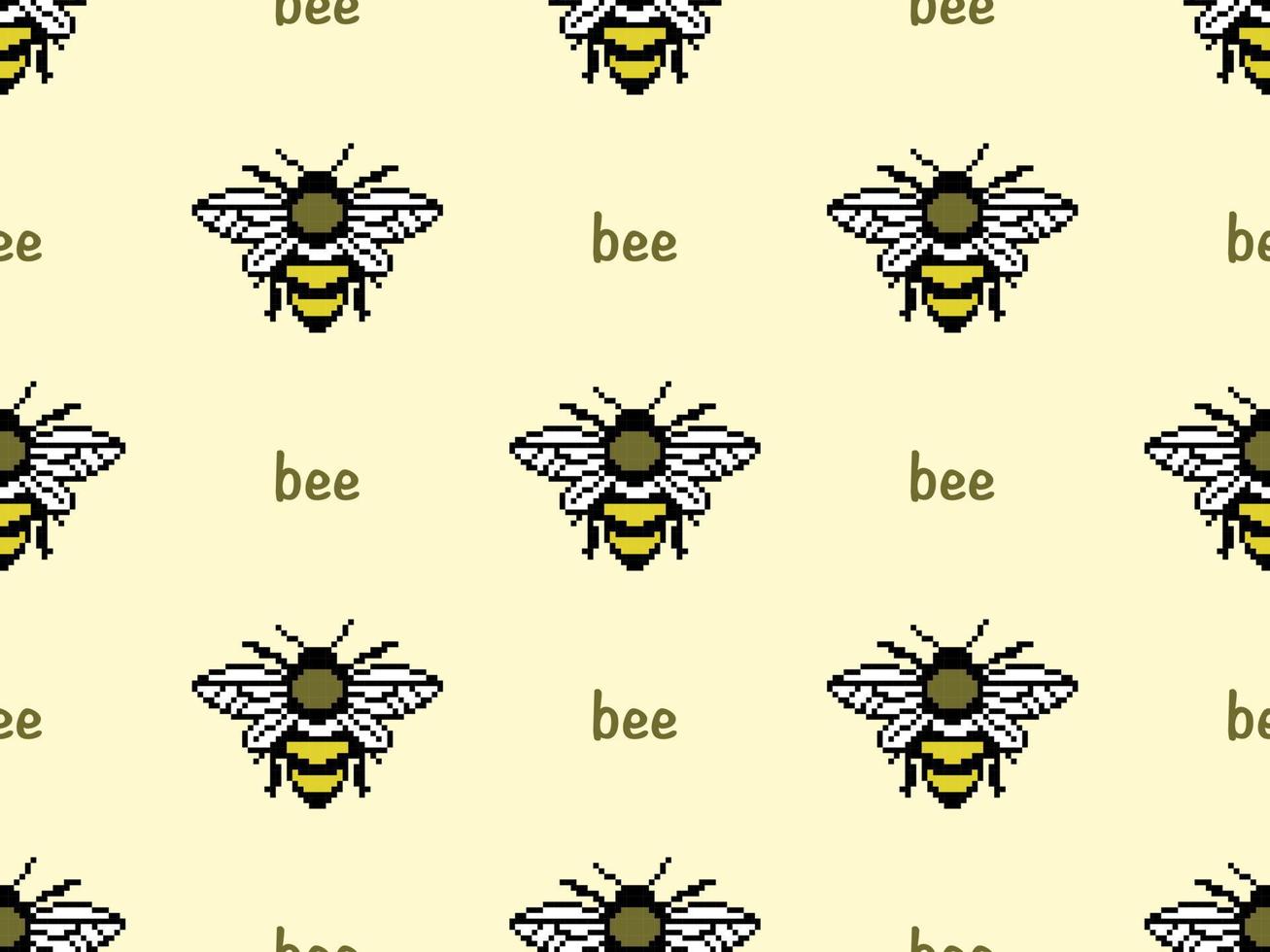 Bee cartoon character seamless pattern on yellow background. Pixel style vector