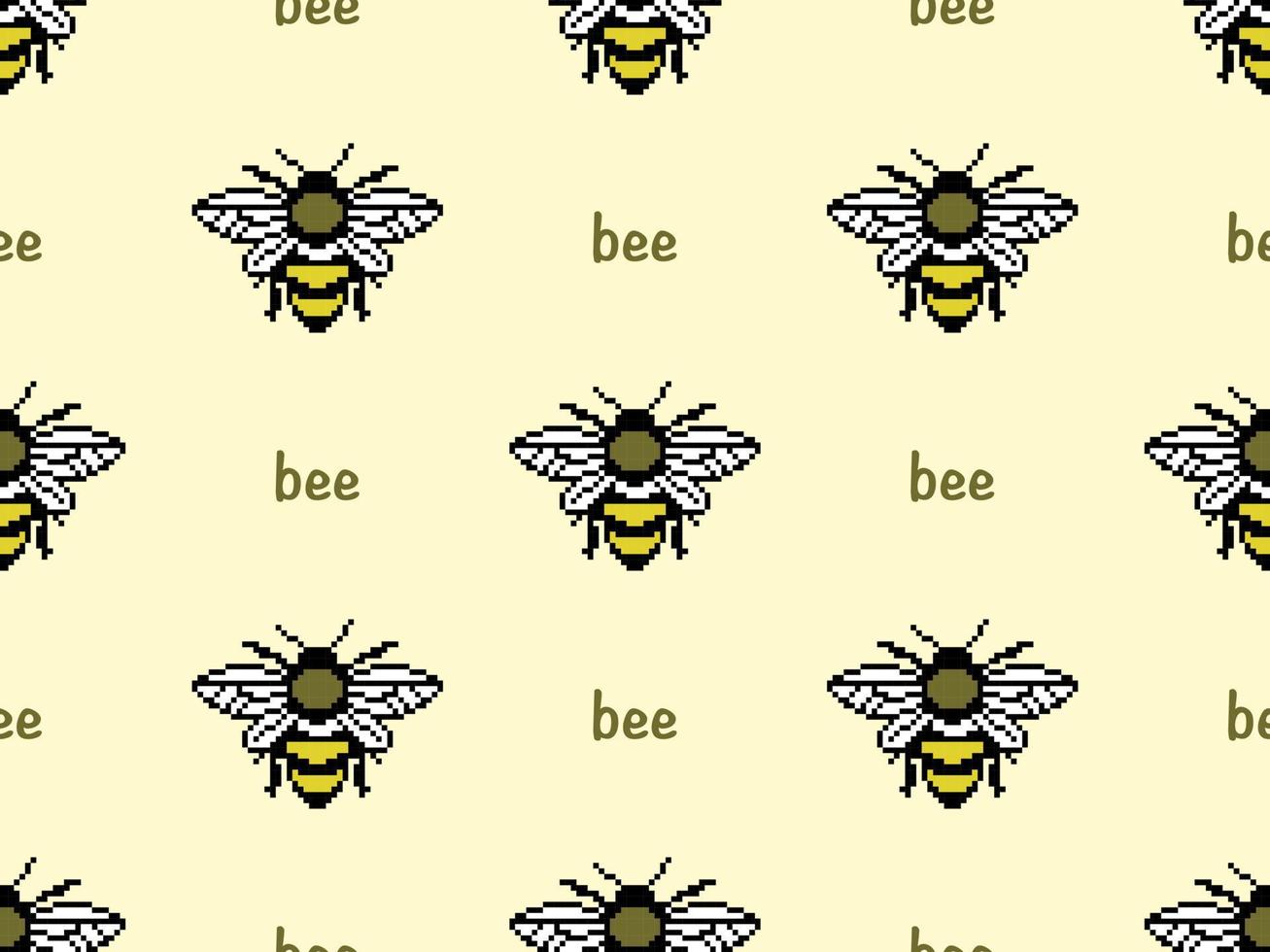 Bee cartoon character seamless pattern on yellow background. Pixel style vector