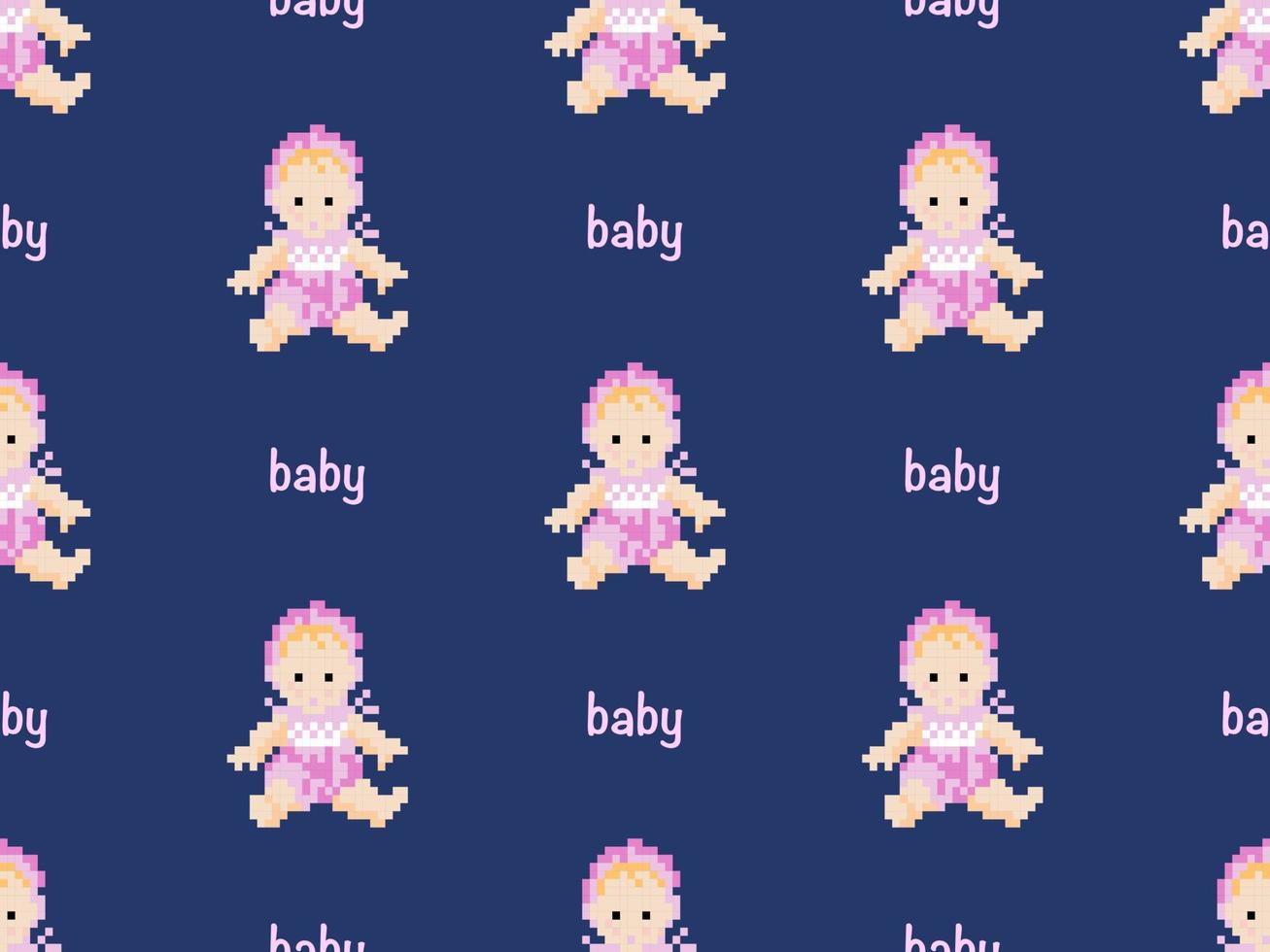 Baby cartoon character seamless pattern on blue background. Pixel style vector