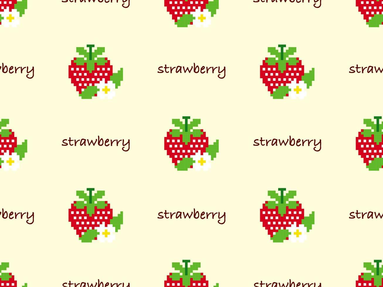 Strawberry cartoon character seamless pattern on yellow background. Pixel style vector