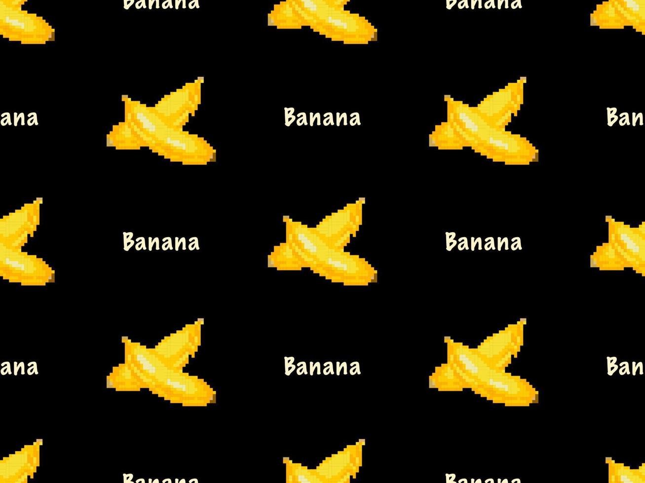 Banana cartoon character seamless pattern on black background. Pixel style vector