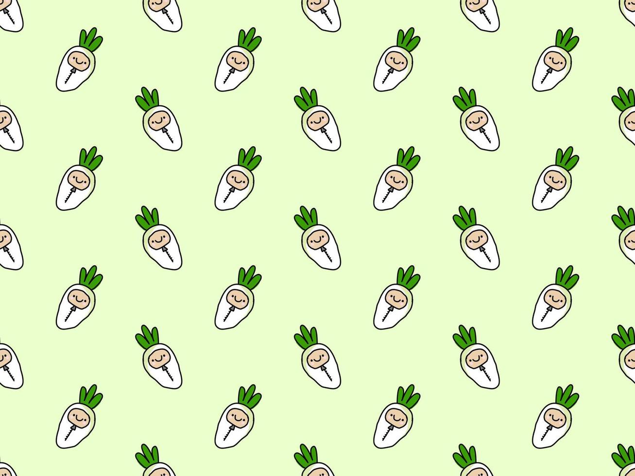 Radish cartoon character seamless pattern on green background vector