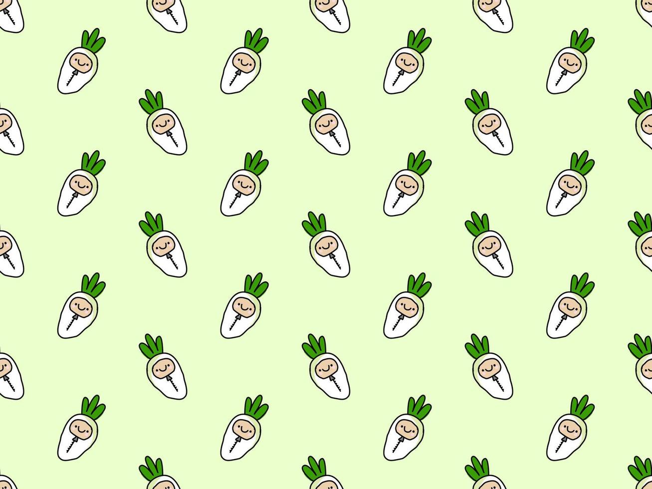 Radish cartoon character seamless pattern on green background vector