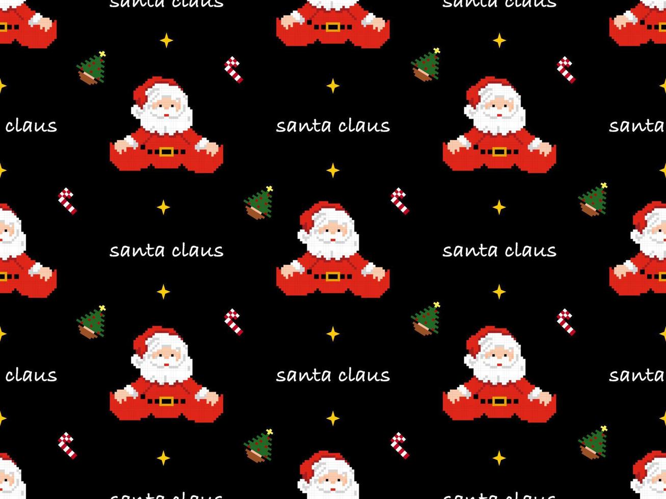 Santa Claus character seamless pattern on black background. Pixel style vector
