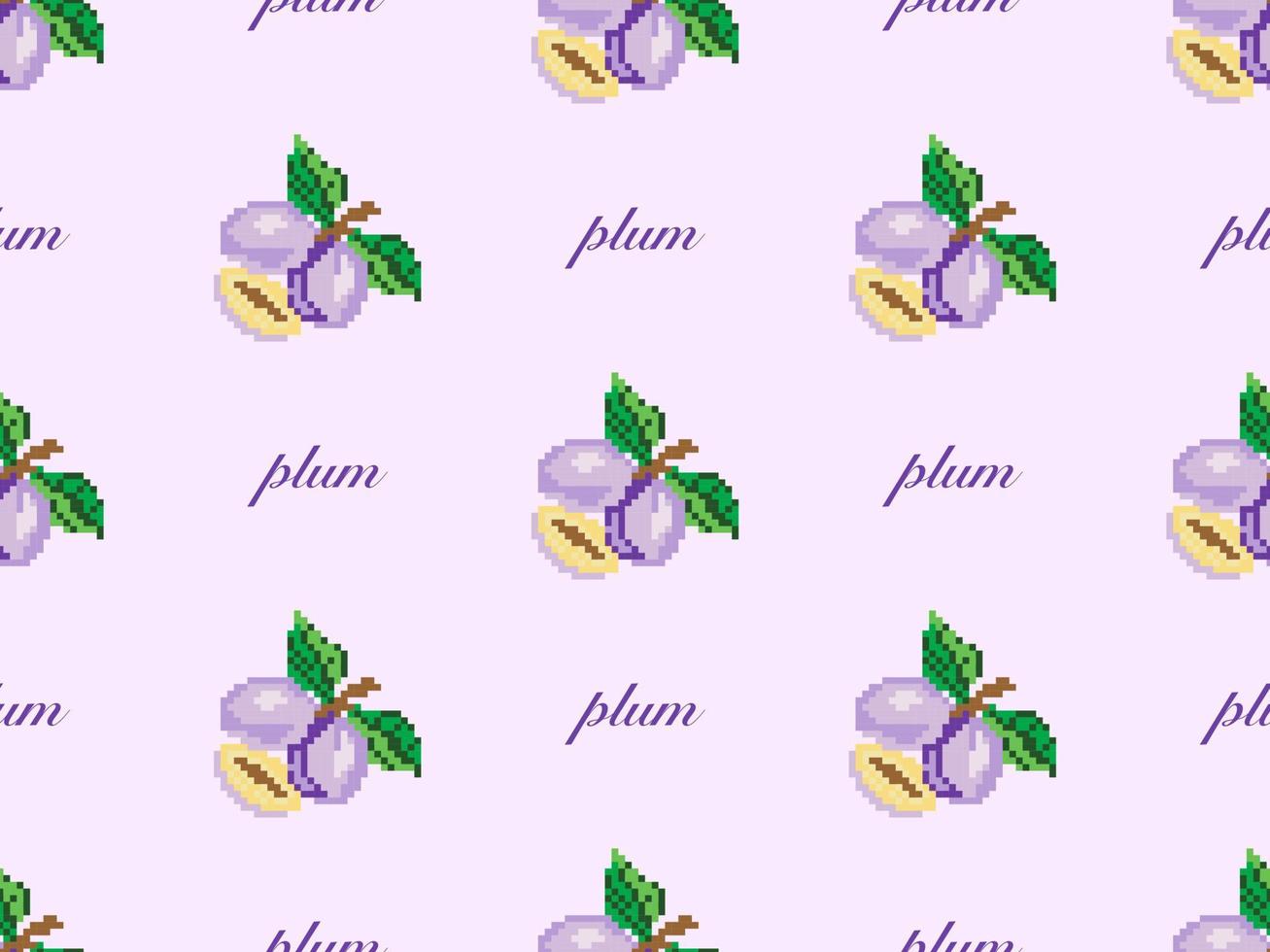 Plum cartoon character seamless pattern on purple background. Pixel style vector
