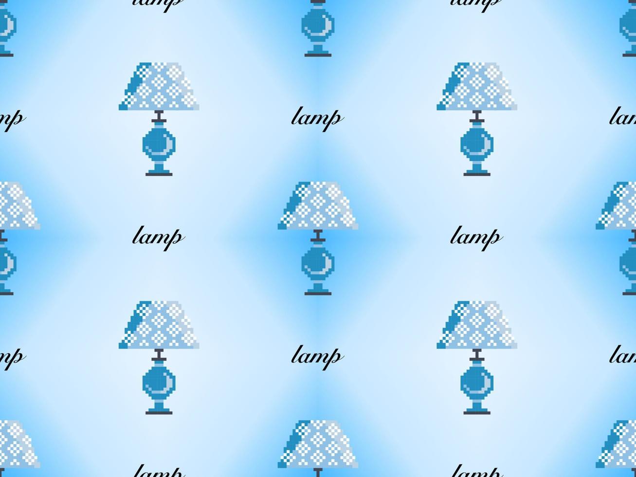 Lamp cartoon character seamless pattern on blue background. Pixel style vector