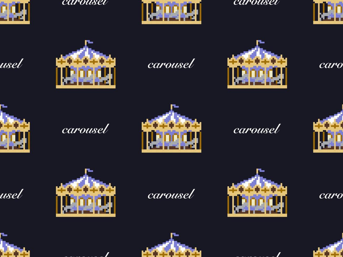Carousel cartoon character seamless pattern on black background. Pixel style vector