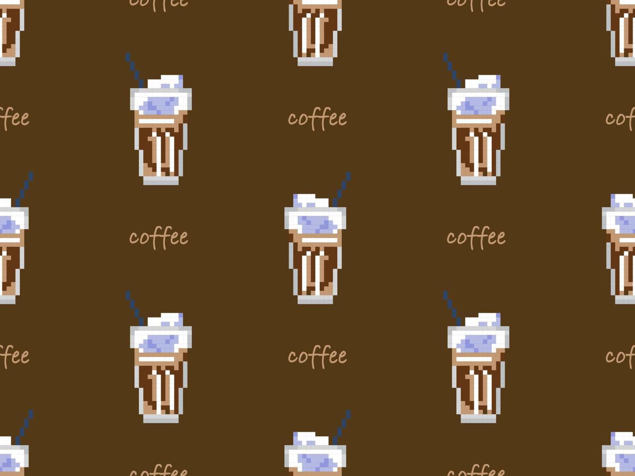 Coffee cartoon character seamless pattern on brown background. Pixel style vector