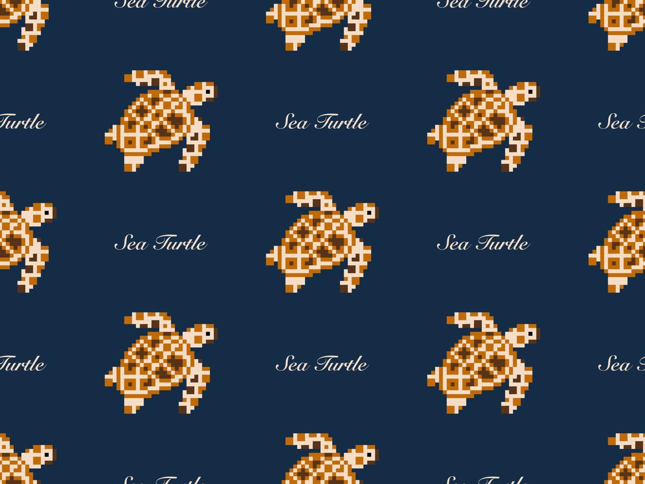 Turtle cartoon character seamless pattern on blue background. Pixel style vector