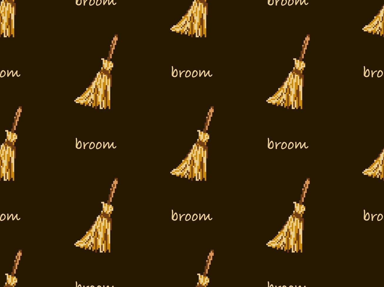 Broom cartoon character seamless pattern on brown background. Pixel style vector