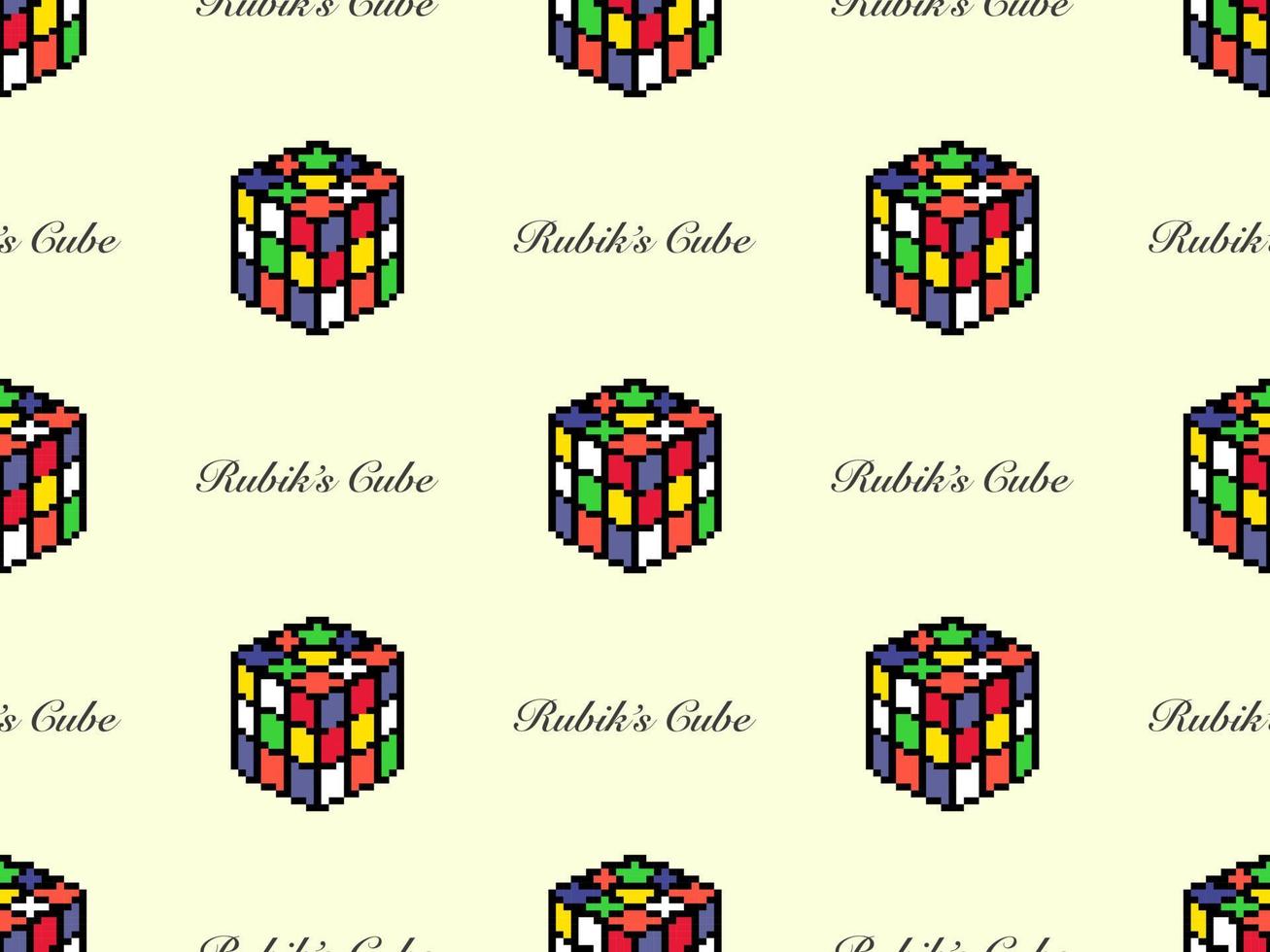 Rubik cube cartoon character seamless pattern on yellow background. Pixel style vector