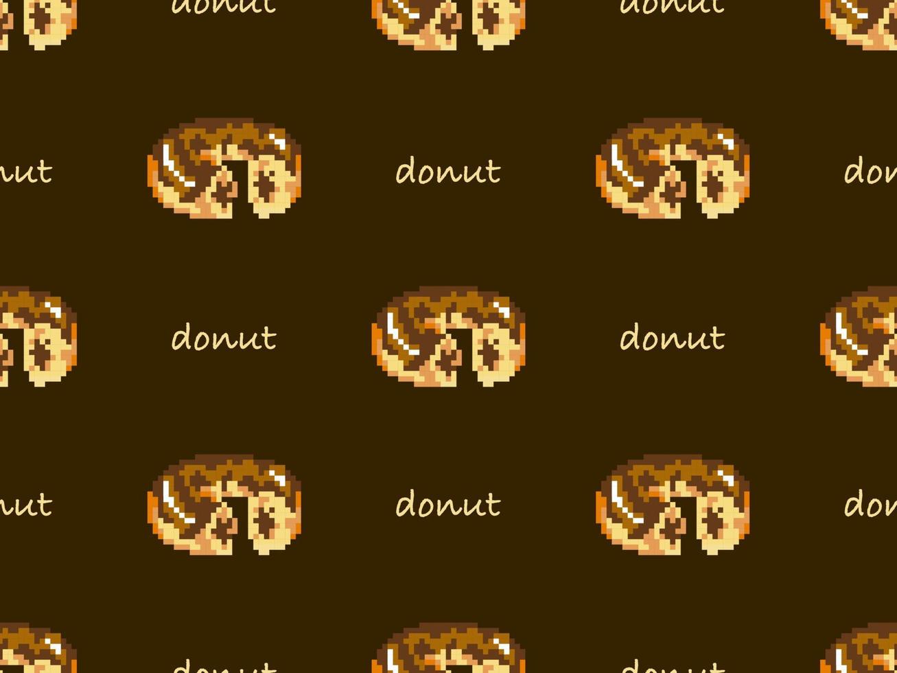 Donut cartoon character seamless pattern on brown background. Pixel style vector