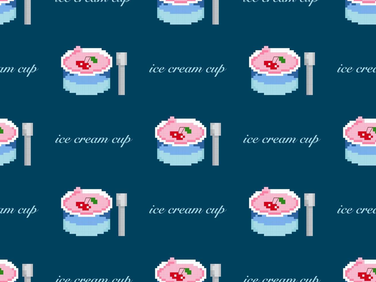 Ice cream cartoon character seamless pattern on blue background. Pixel style vector