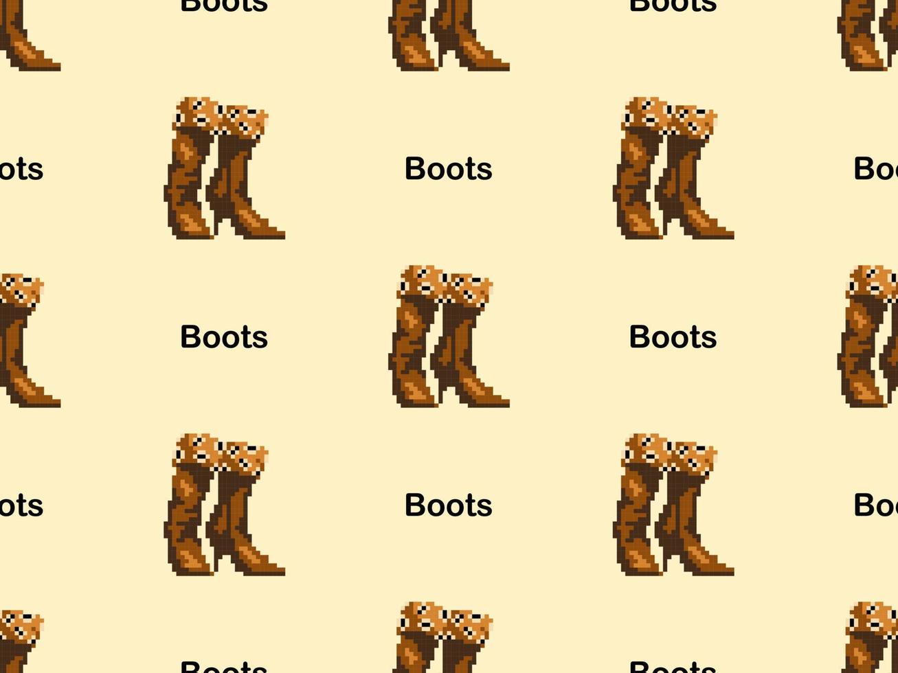 Boots cartoon character seamless pattern on yellow background. Pixel style vector