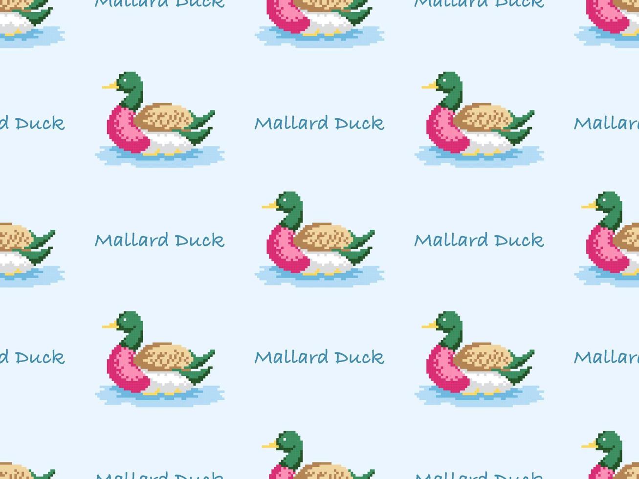 Duck cartoon character seamless pattern on blue background. Pixel style vector
