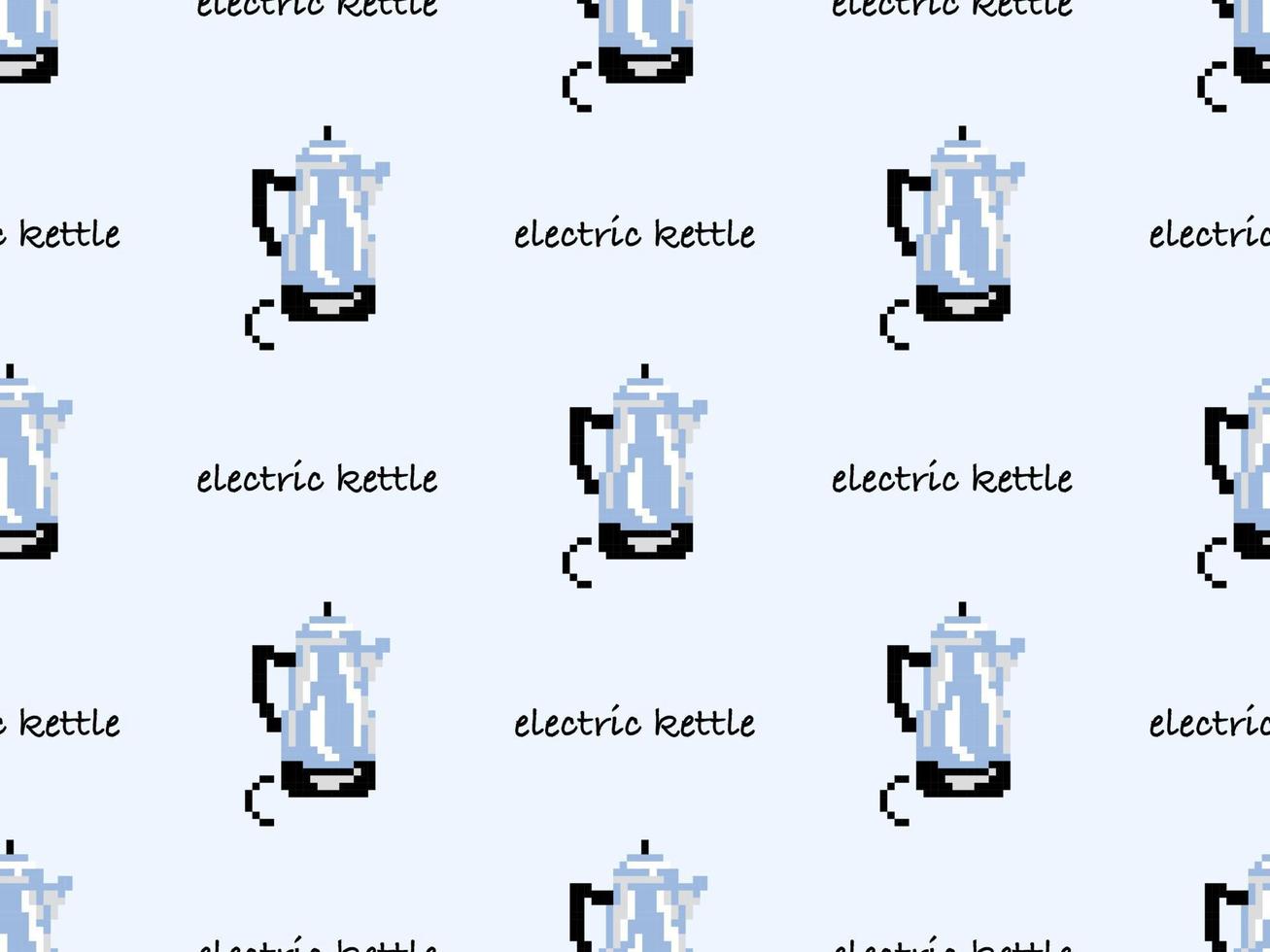 Kettle cartoon character seamless pattern on blue background. Pixel style vector