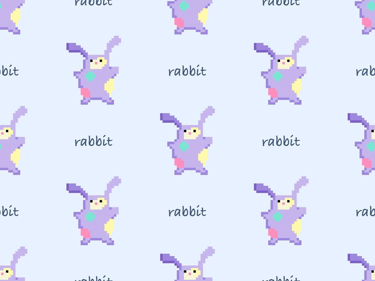 Rabbit cartoon character seamless pattern on blue background. Pixel style vector