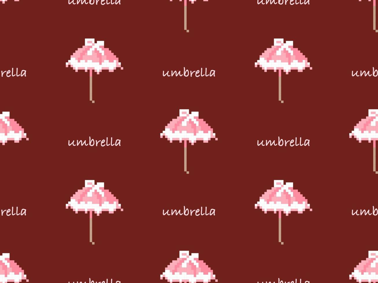 Umbrella cartoon character seamless pattern on red background. Pixel style vector