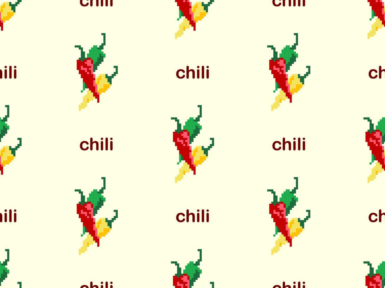 Chili cartoon character seamless pattern on yellow background. Pixel style vector