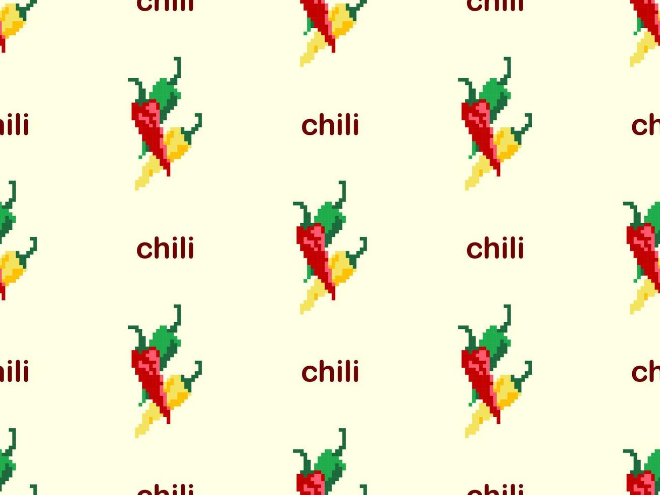 Chili cartoon character seamless pattern on yellow background. Pixel style vector