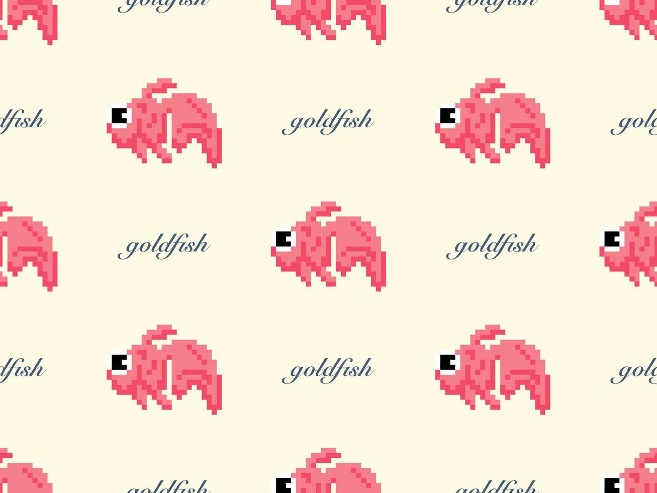 Goldfish cartoon character seamless pattern on yellow background. Pixel style vector