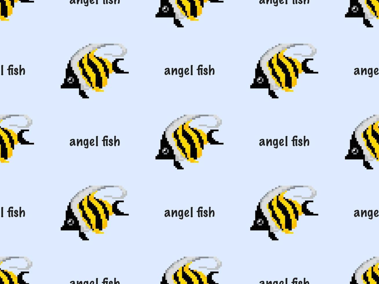 Angel fish cartoon character seamless pattern on blue background. Pixel style vector