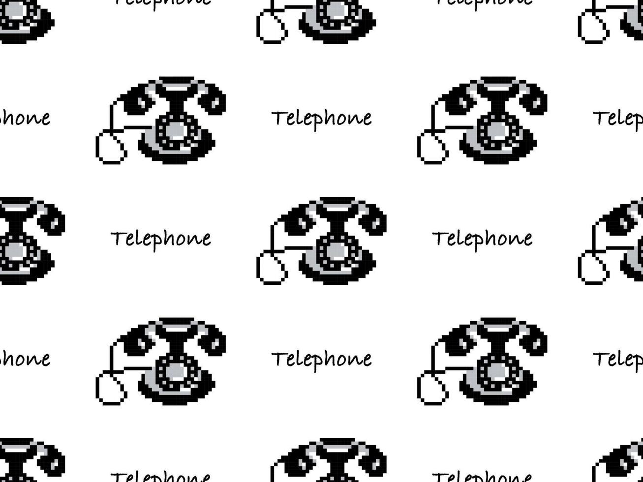 Telephone cartoon character seamless pattern on white background. Pixel style vector