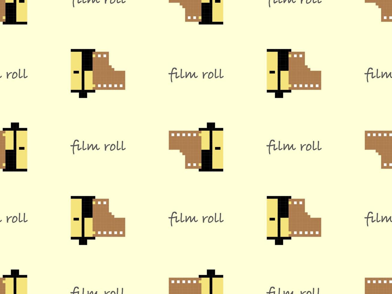 Film roll cartoon character seamless pattern on yellow background. Pixel style vector