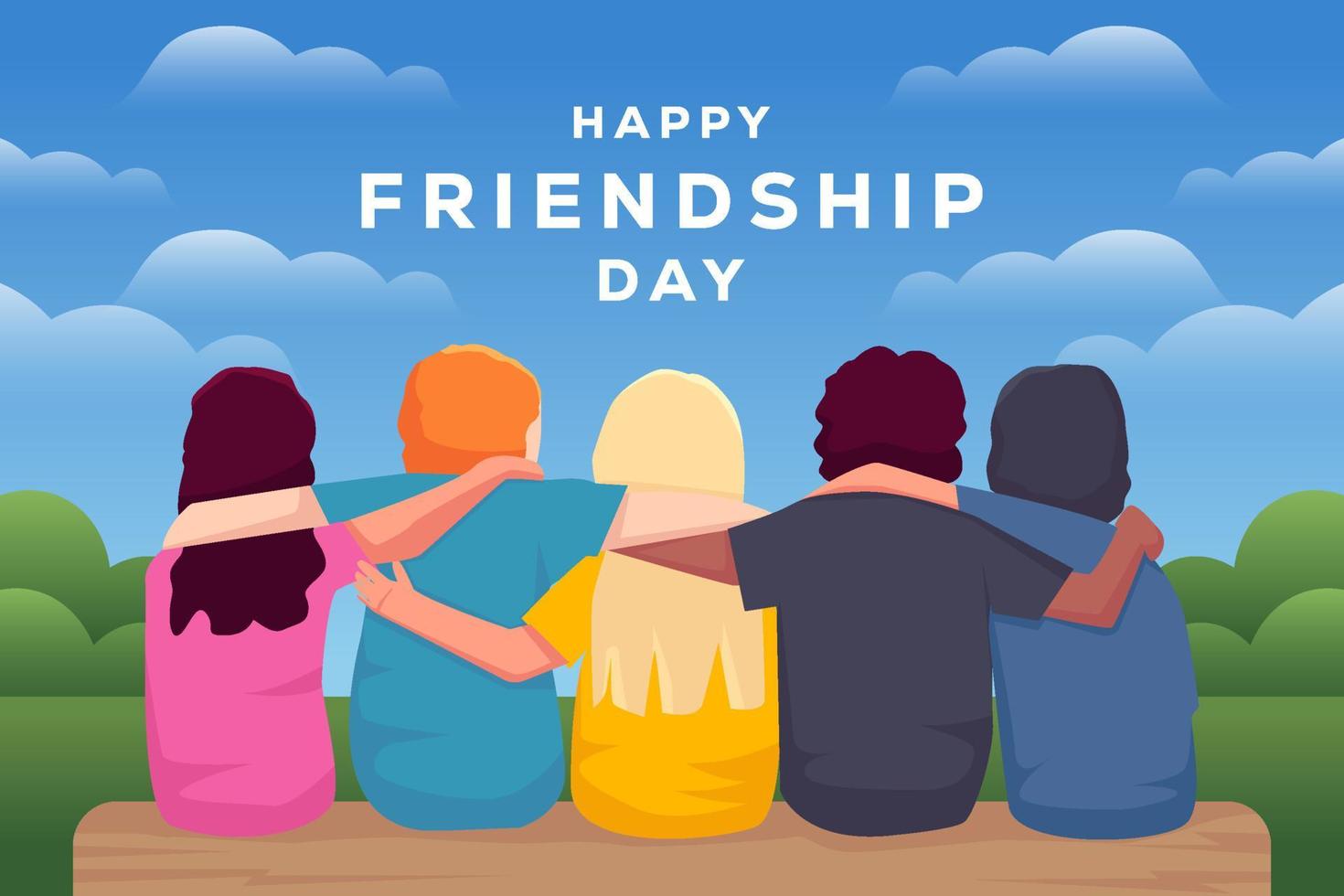 flat happy friendship day background illustration with people hugging together vector