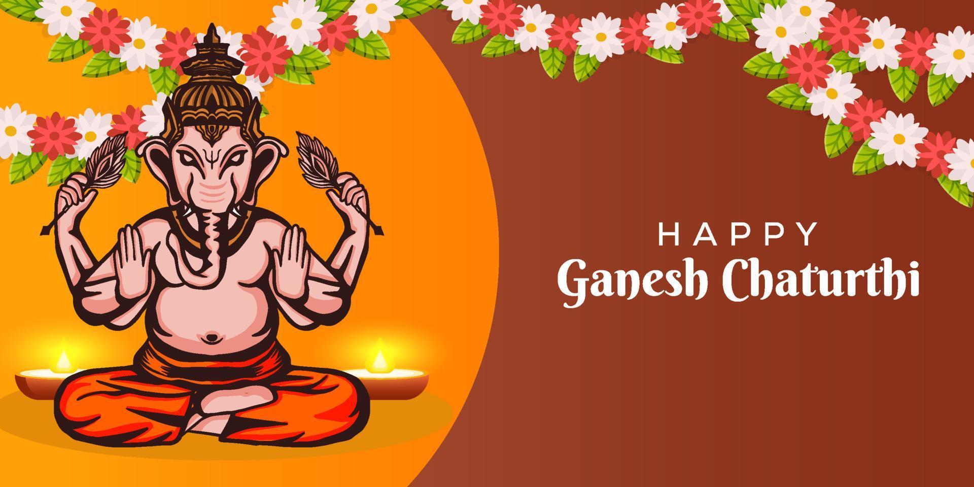 cartel de banner del festival ganesh chaturthi con flores y lord ganesh vector