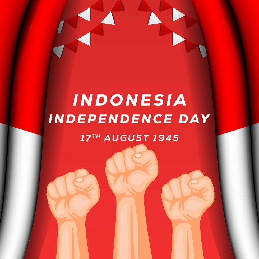 Indonesia independence day illustration with hands and realistic indonesian flag vector