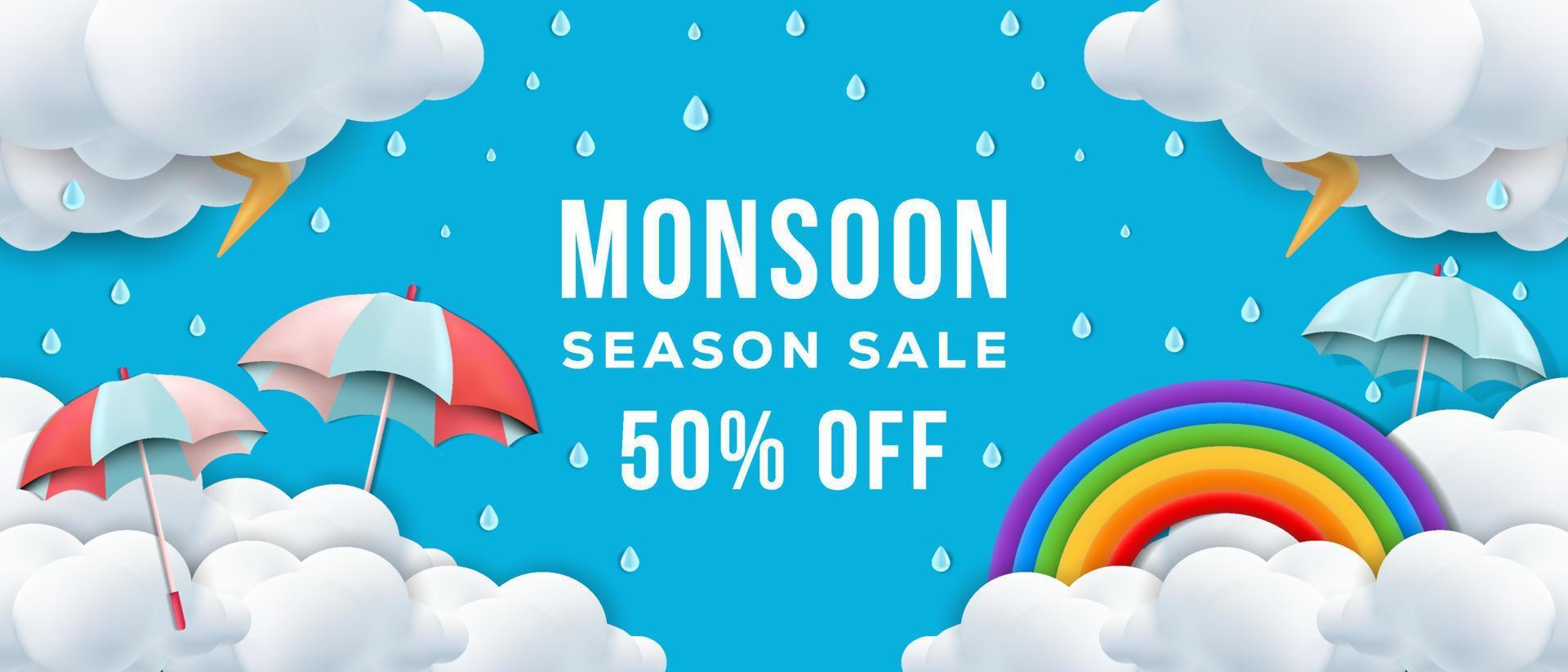 monsoon season sale banner in 3d style with rainbow, rainfall, umbrellas, clouds, and thunder vector