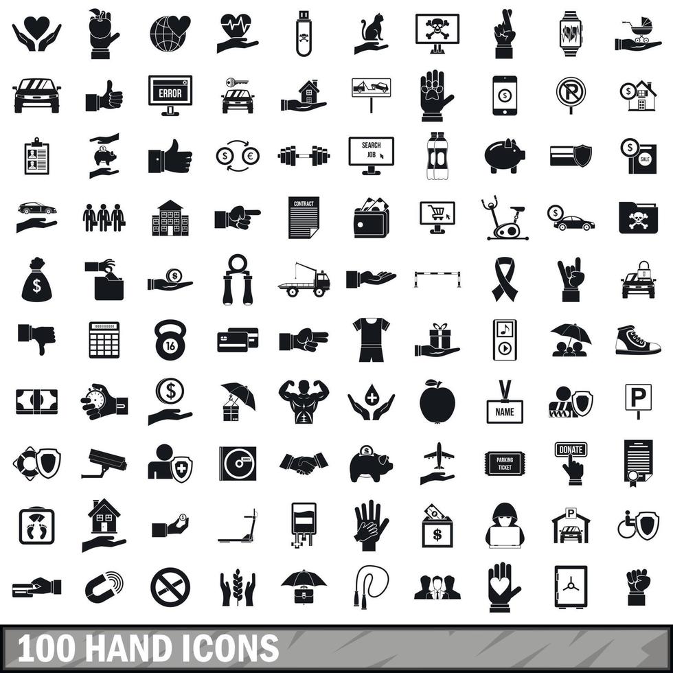 100 hand icons set, simple style vector