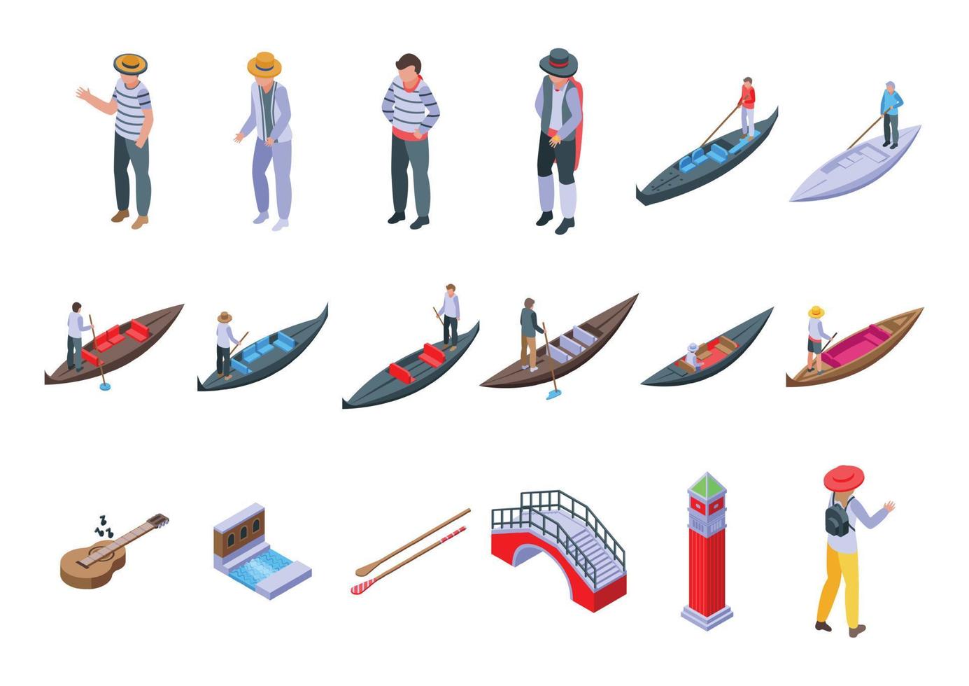 Gondolier icons set isometric vector. Venice bridge vector
