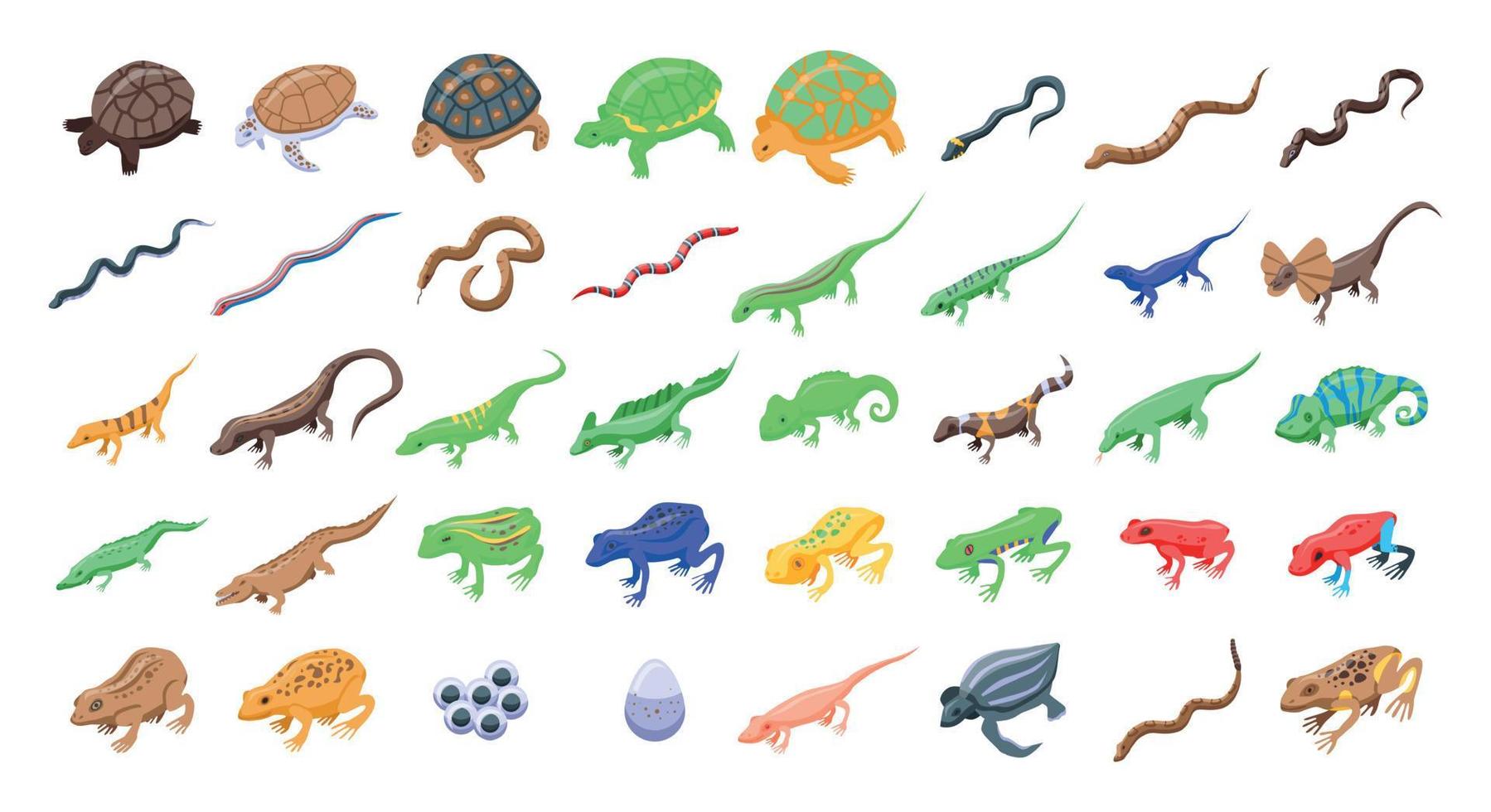 Reptiles and amphibians icons set, isometric style vector