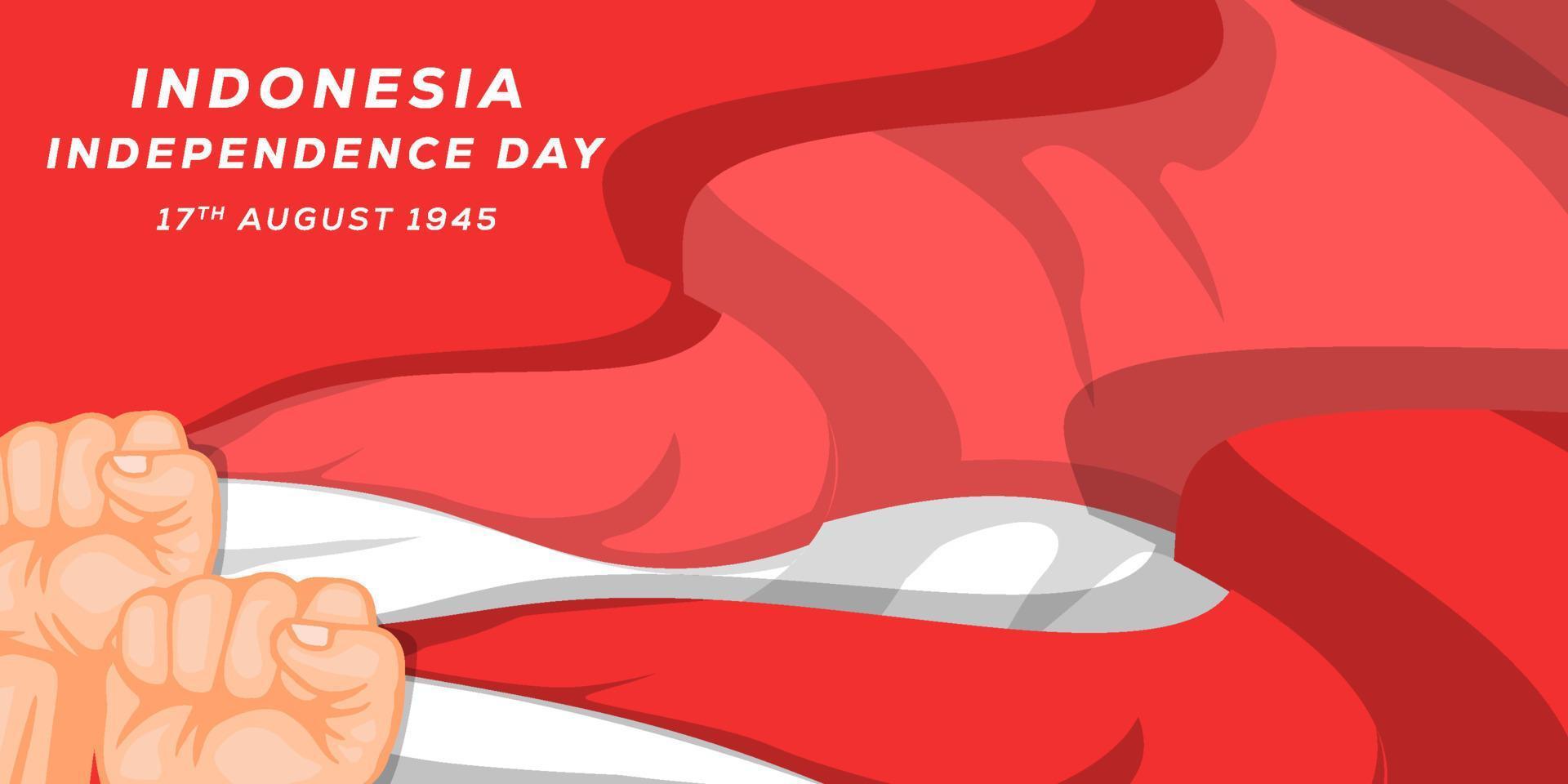 Indonesia independence day background illustration with two hands holding Indonesian flags vector